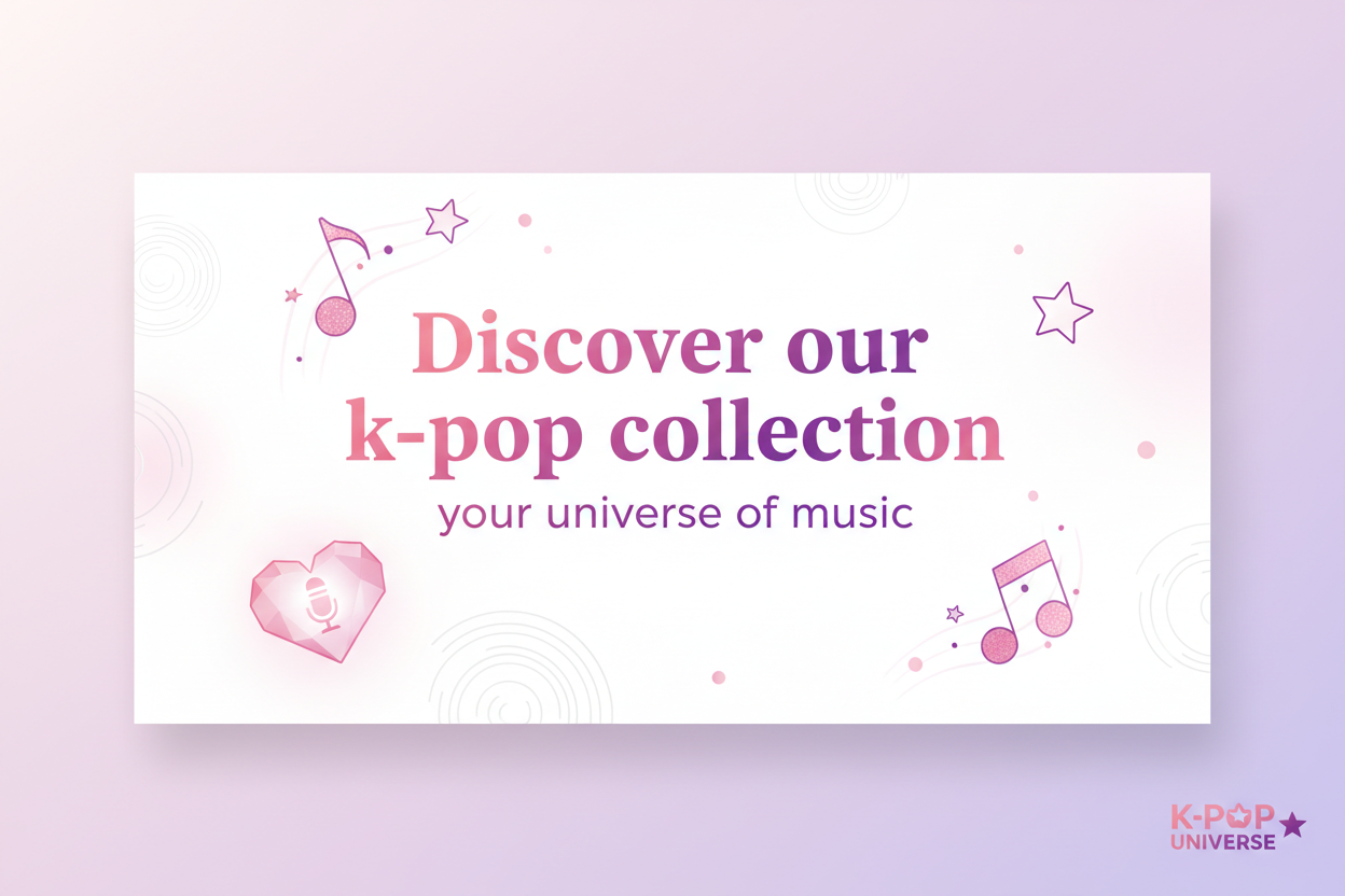 generate an image for onlime kpop store in white, rose and violet colors, add a text how good our shop: Discover our k-pop collection. your universe of music